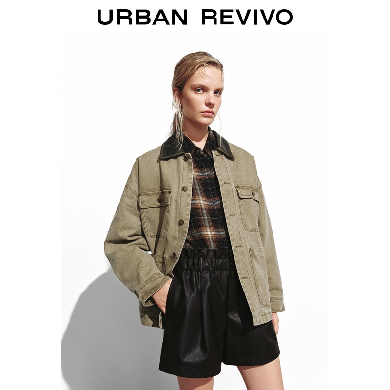 UR2025冬季新款女装流光风拼接翻领多口袋棉服外套UYL150073