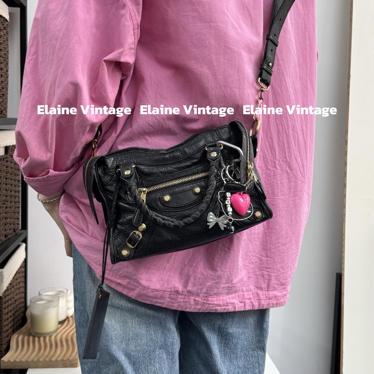 95新 Balenciaga/巴黎世家 黑金全皮mini机车包24cm/Y635