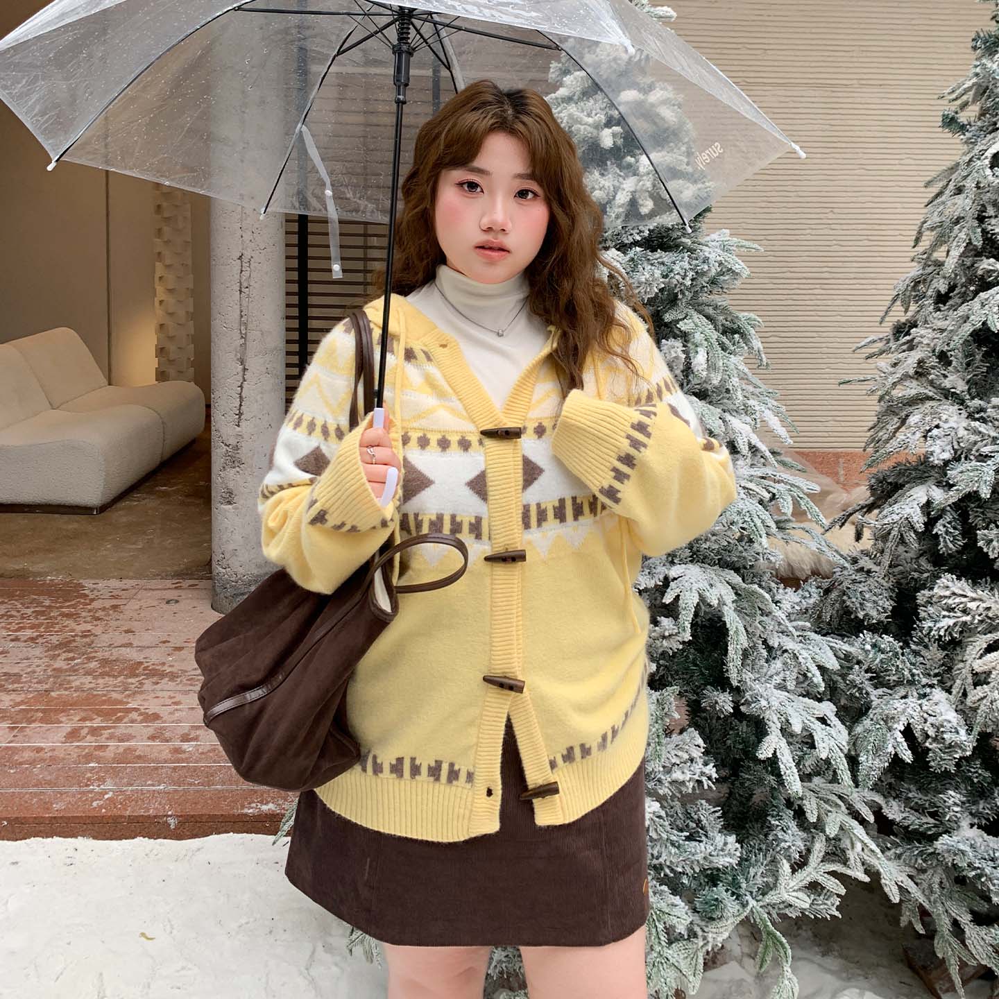 费尔岛连帽针织开衫女黄色复古宽松毛衣外套大码女秋冬NY00015