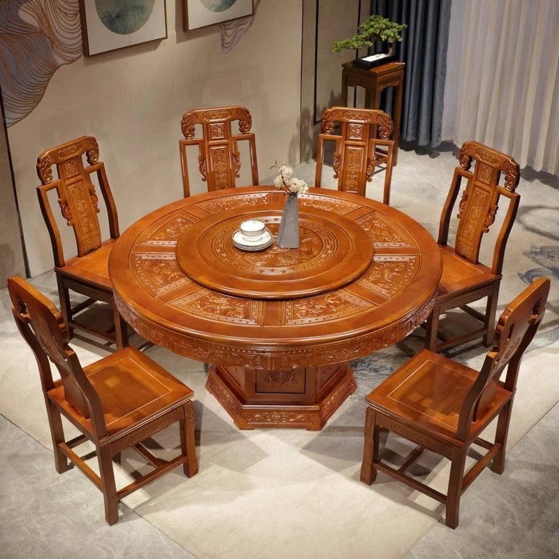 全实木餐桌椅组合仿古雕花中式酒店橡木大圆桌家用饭桌10人带转盘