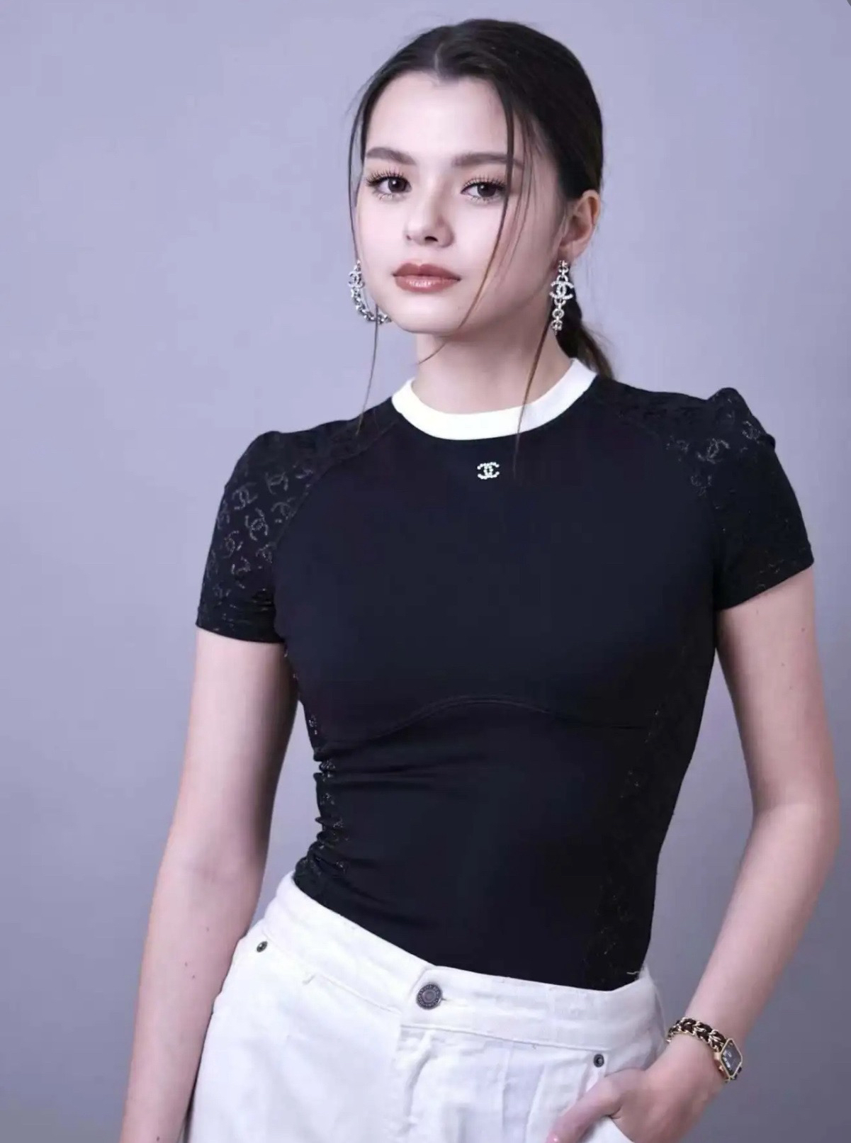 99新 Chanel/香奈儿 黑色弹力logo短袖 40码04210