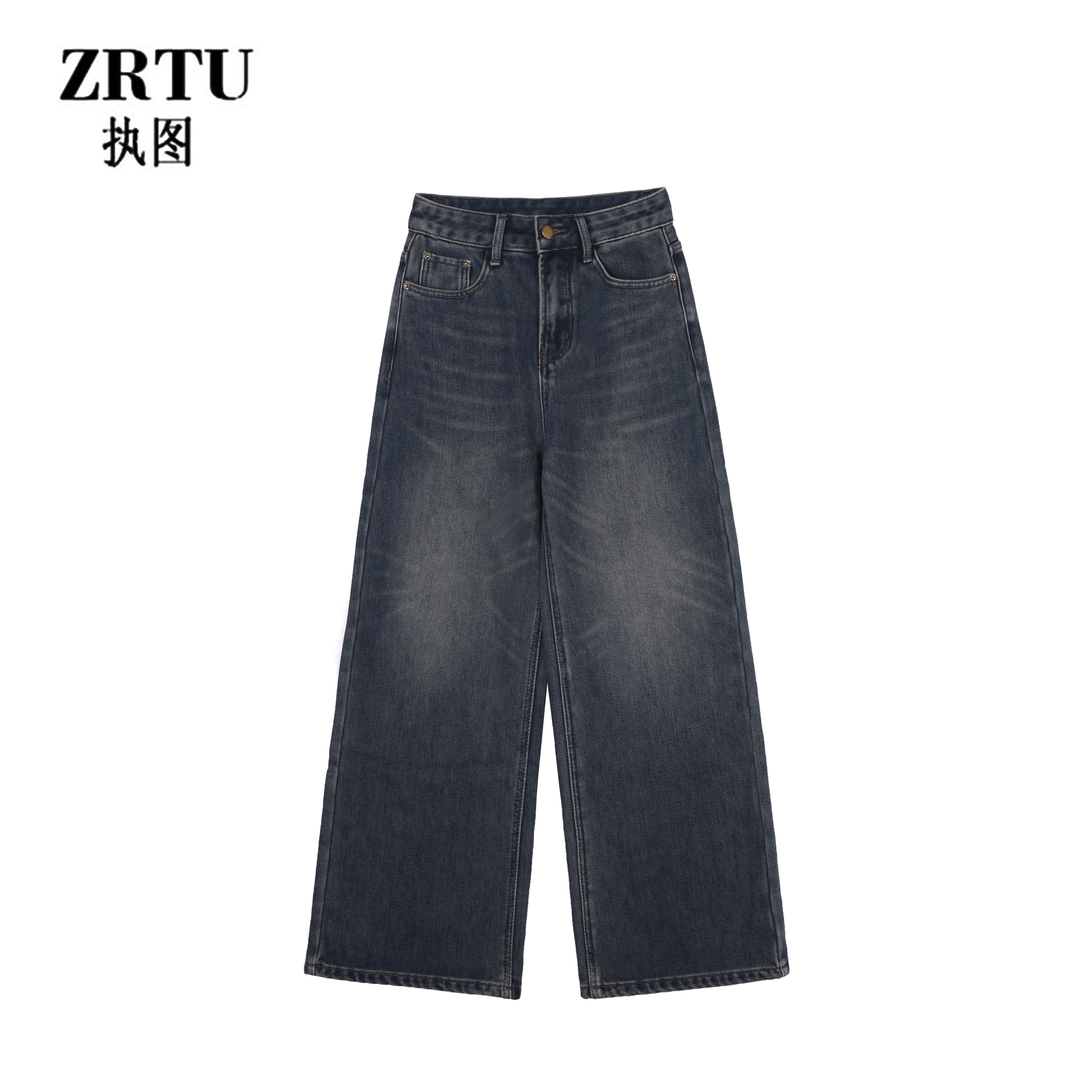 ZRTU/执图2025冬季新款加绒潮流休闲宽松复古时尚百搭磨白牛仔裤