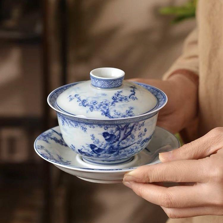 景德镇青花陶瓷七丞堂喜上眉梢盖碗压手杯公道茶漏茶碗三才盖碗