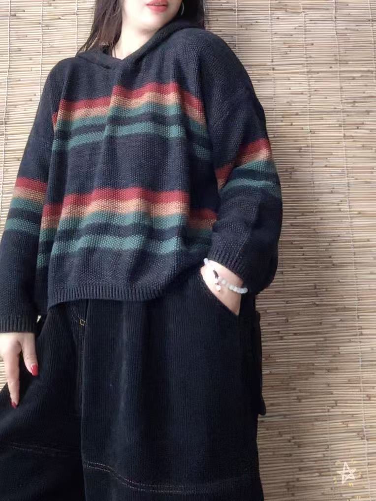 秋冬新款复古炒色连帽休闲毛衣宽松百搭条纹撞色针织衫上衣