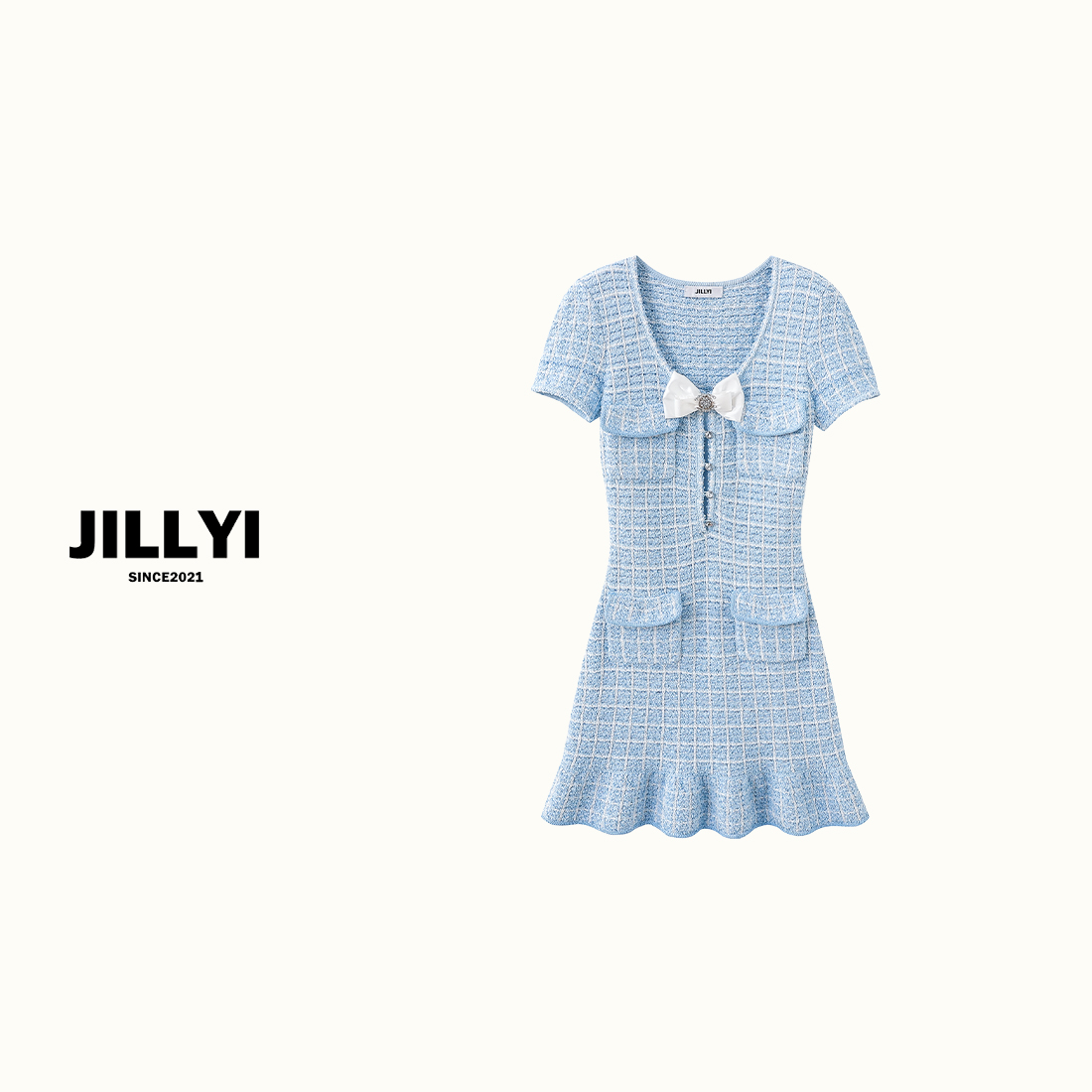 JILLYI珠海店【蓝色气泡】天空蓝圆领流苏工艺格子针织裙气质百搭