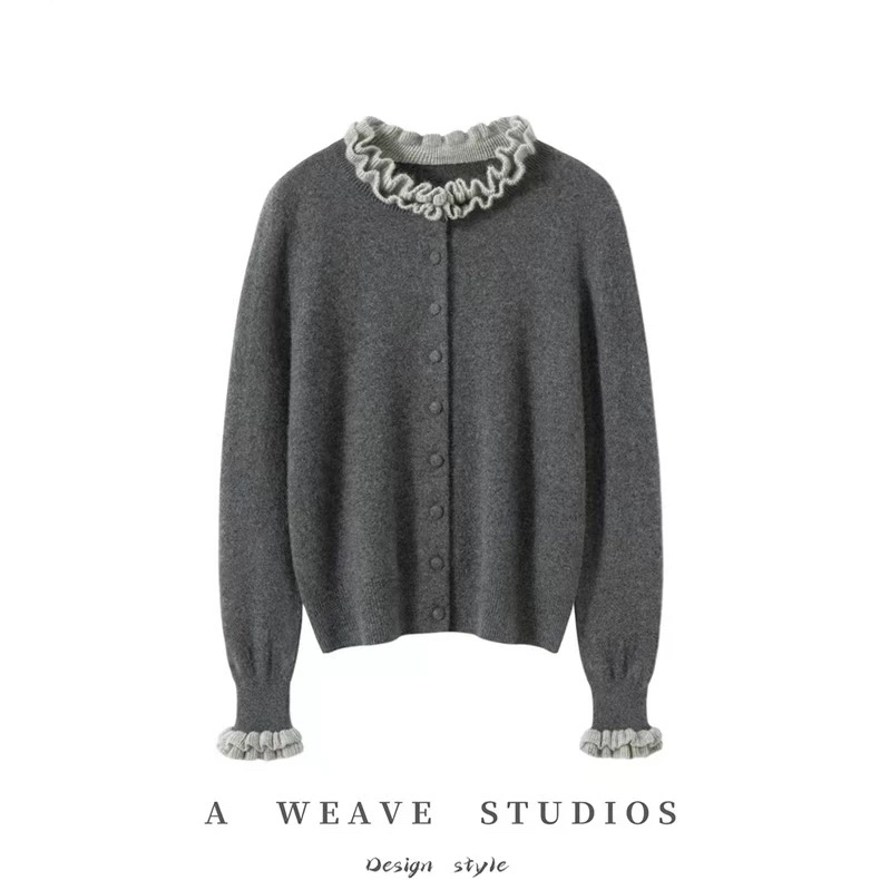 大pai同款！重工100%纯山羊绒木耳边包扣针织开衫短款外套