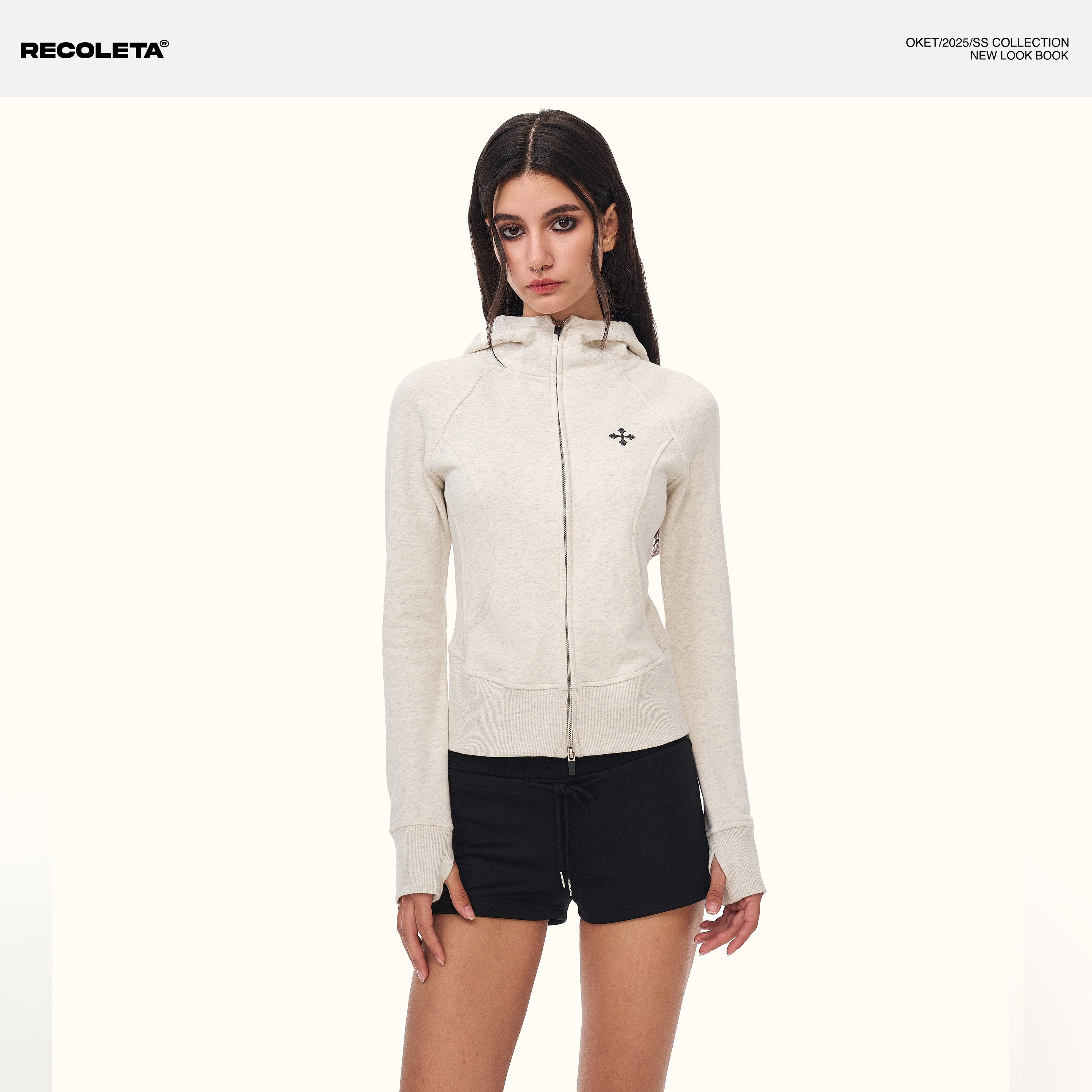 RECOLETA复古运动美式辣妹拉链开衫连帽卫衣女收腰显瘦上衣春季