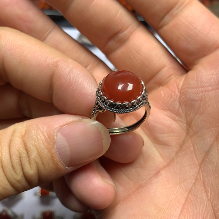 南红玛瑙戒指银S925镶嵌