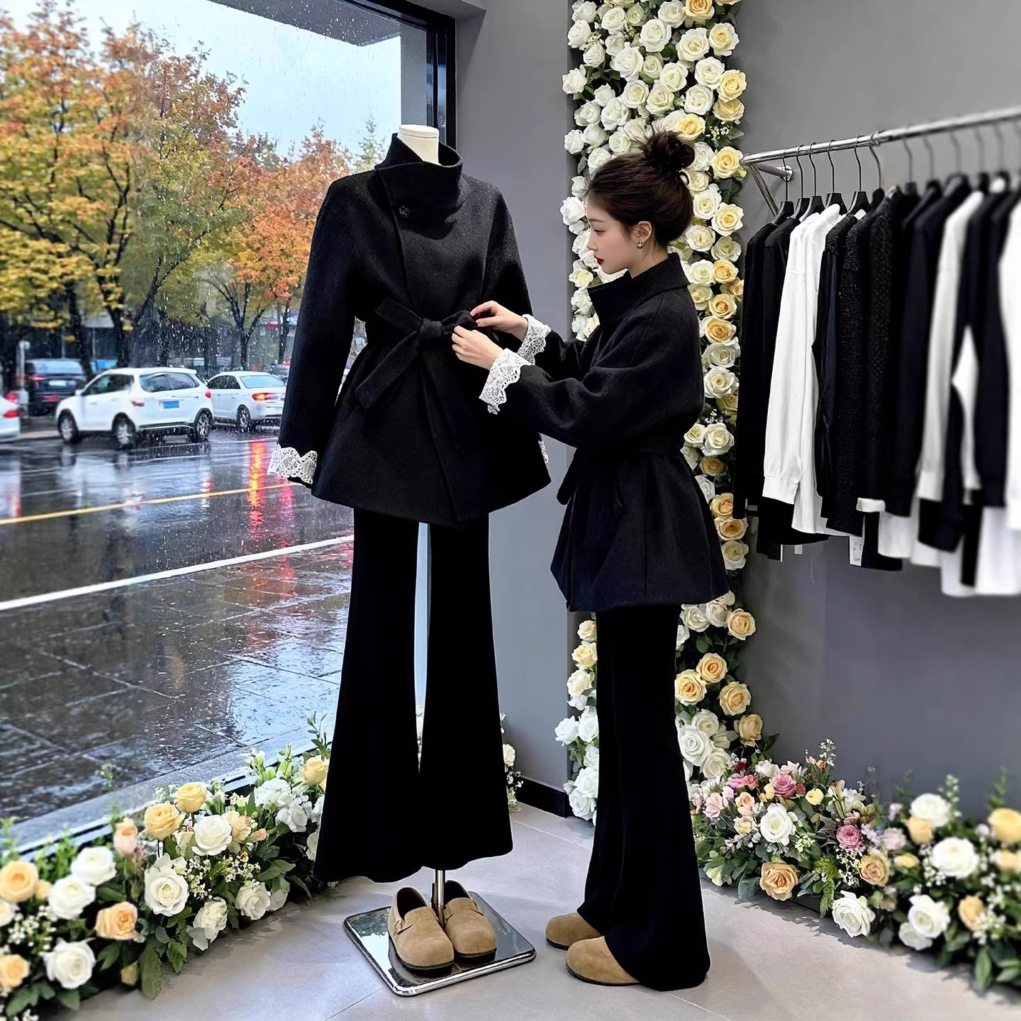 冬装搭配一整套千金小香风毛呢外套搭配微喇休闲裤洋气减龄两件套