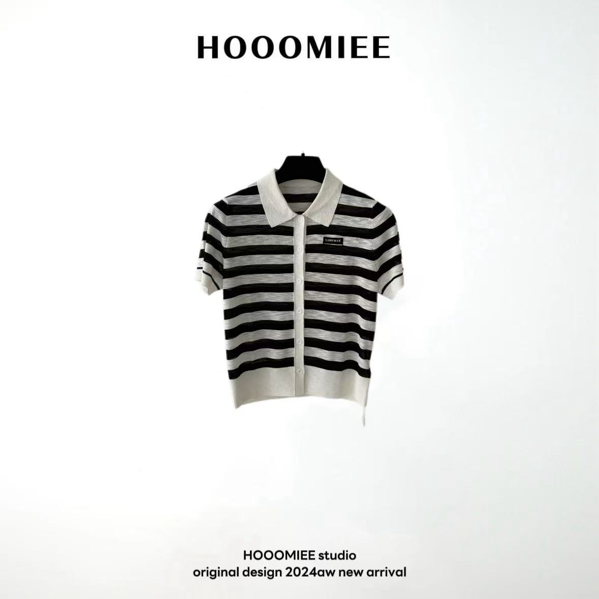 Hooomiee知性条纹排扣撞色针织百搭女士T恤短袖ML25028