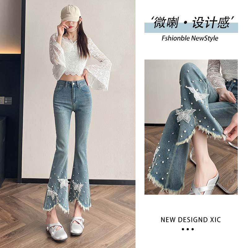 【Y8169】蕾丝微喇牛仔裤女