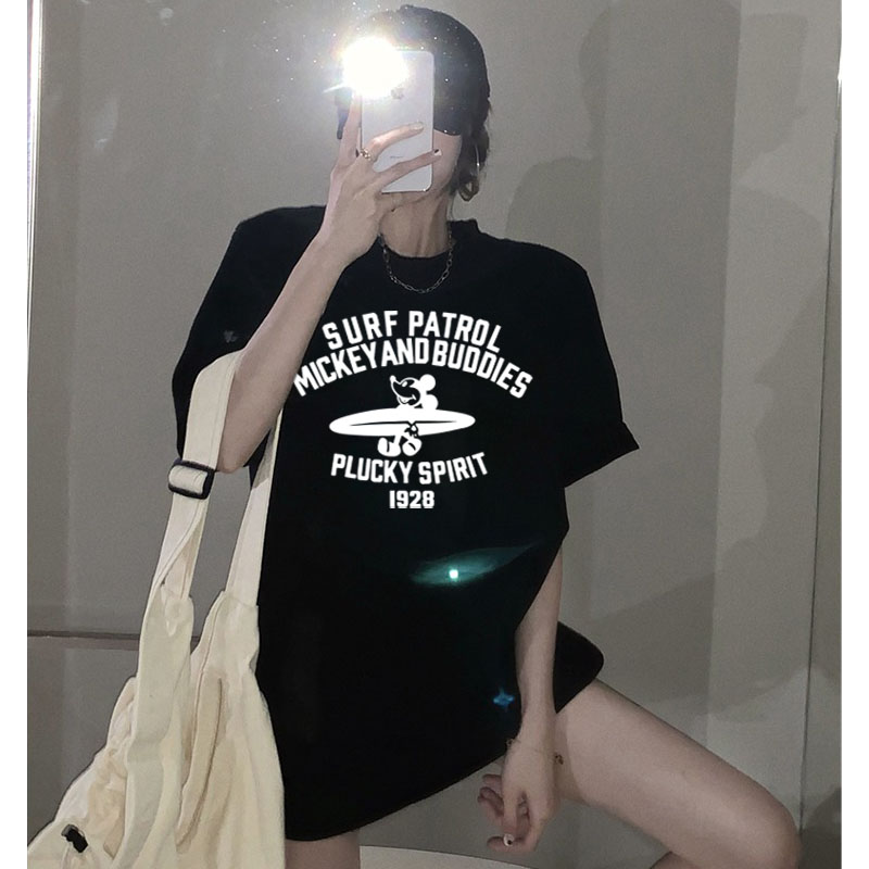 韩系休闲t恤纯棉短袖情侣装ins设计感米奇前后图案半袖百搭女装夏