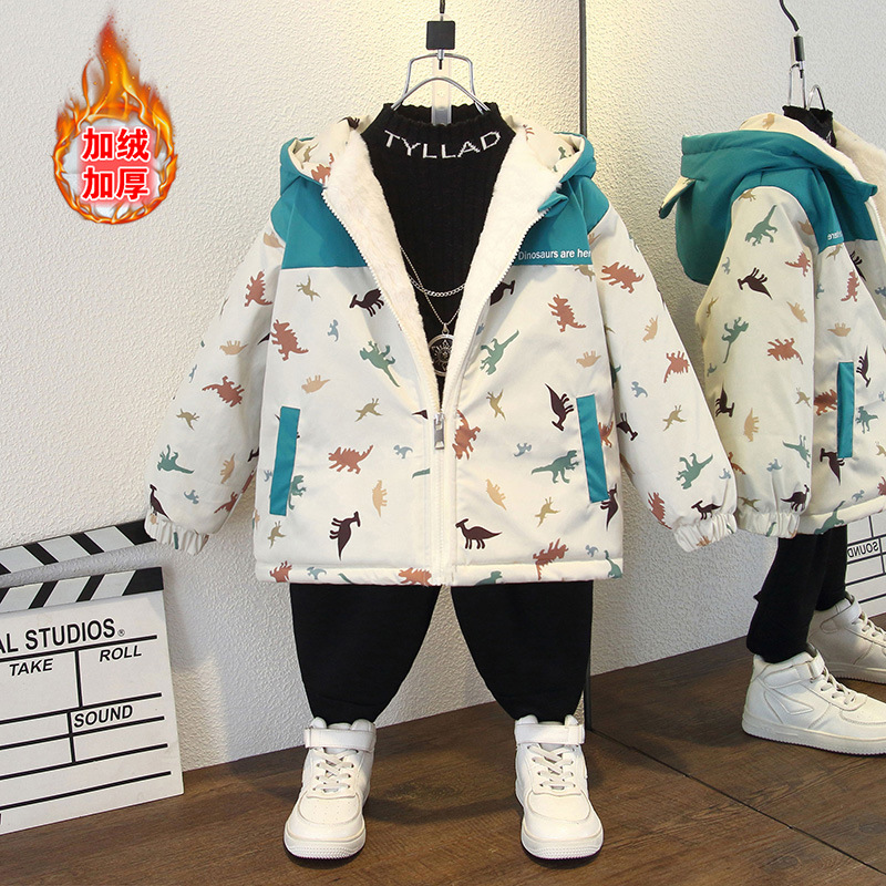 男女宝宝秋冬卡通韩版字母女童棉服外套加绒男童加厚时尚印花连帽