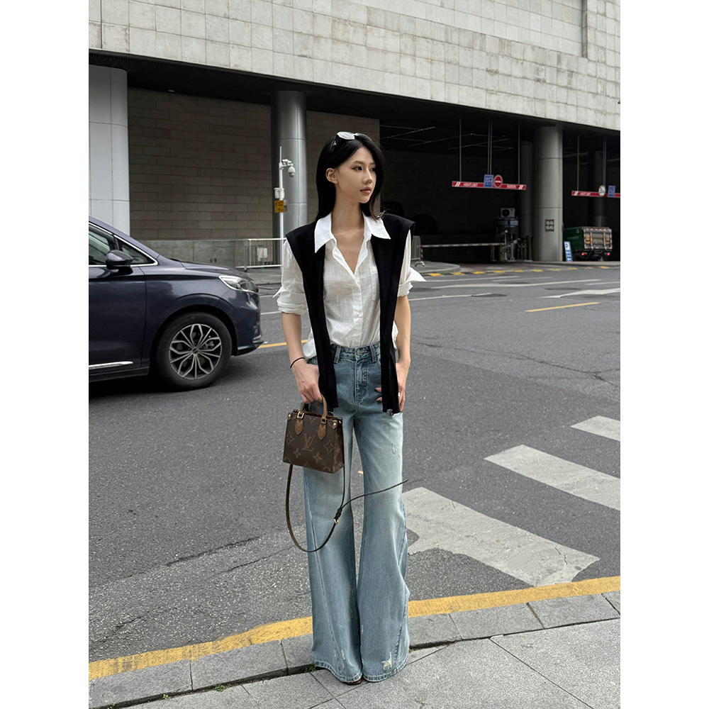 复古蓝中腰蓝色辣妹小众时尚修身时尚微喇牛仔裤女653013