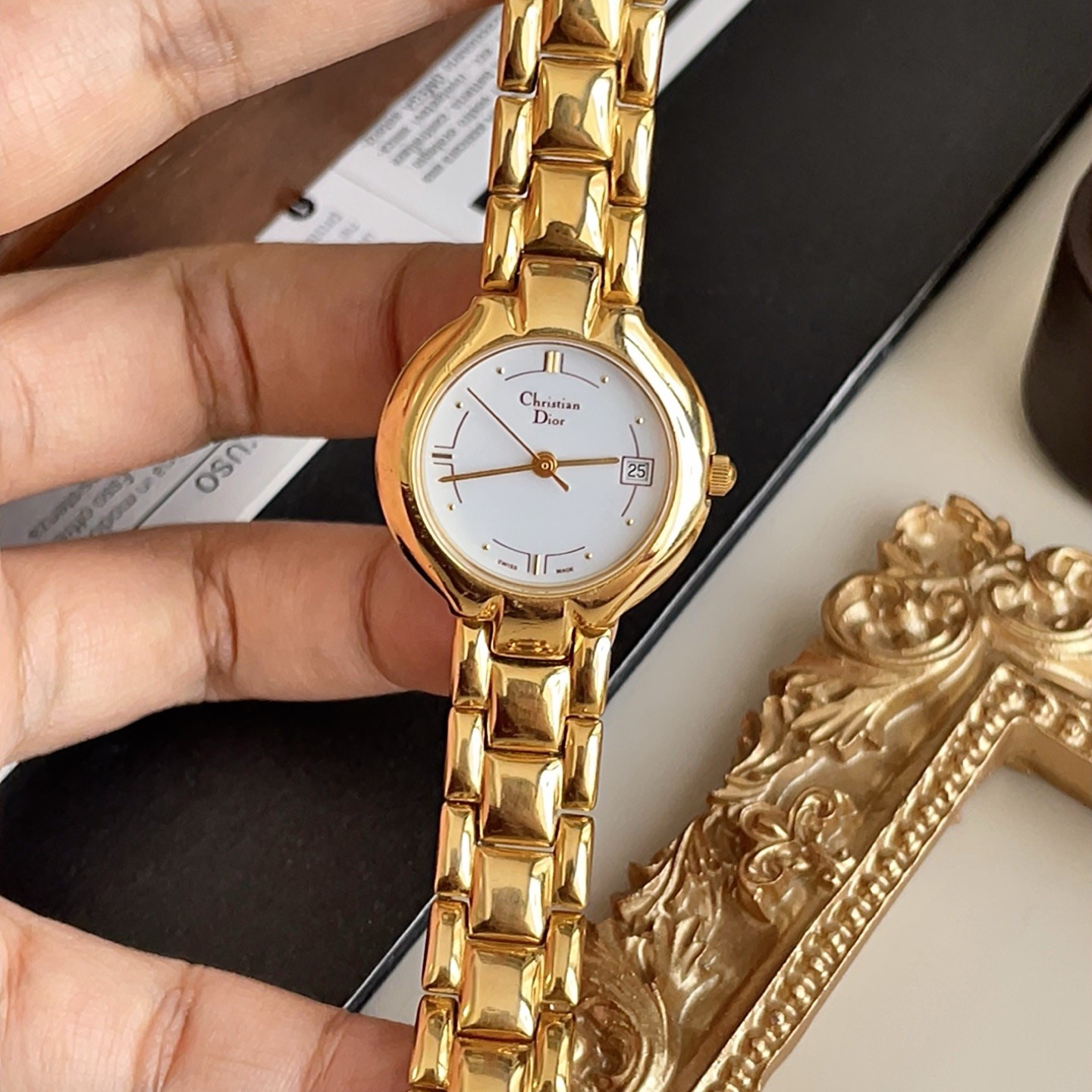 95新 DIOR/迪奥 小圆钉蕾丝刻度·金边白盘·三针日志·石英表