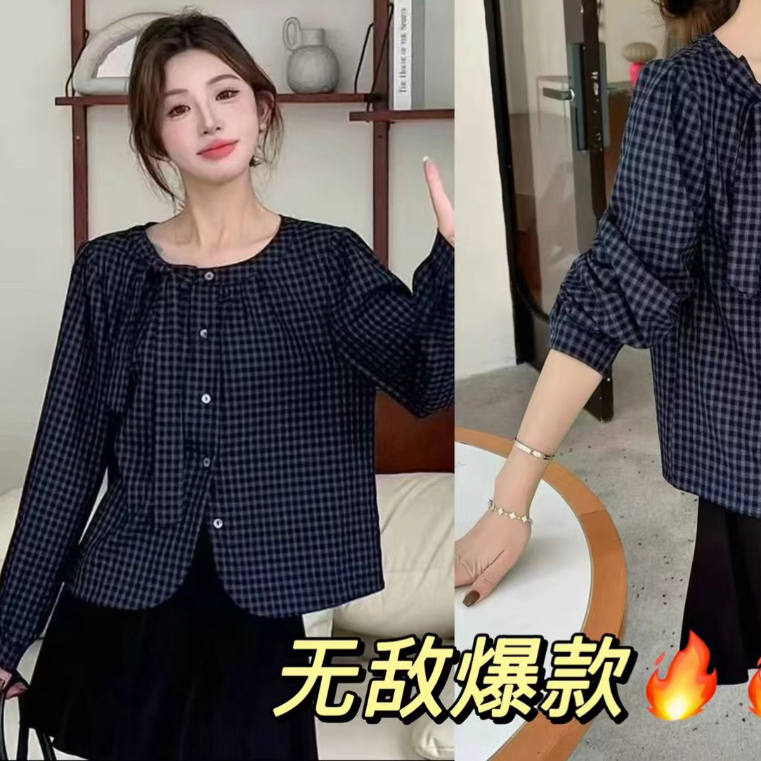 韩版圆领格子长袖衬衫女2025新款宽松显瘦百搭洋气减龄上衣潮