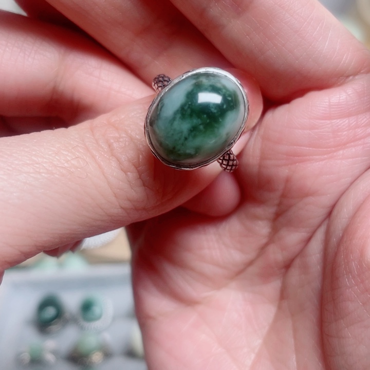 透闪石-蛇纹石玉戒指银S925镶嵌