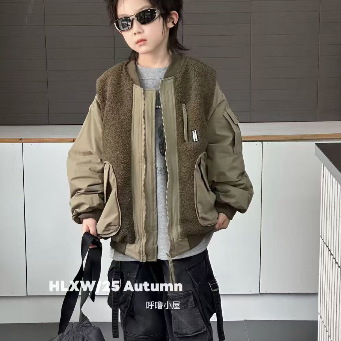 【拉姆童装】冬季颗粒绒拼接男士宽松工装飞行员夹克保暖休闲棉衣