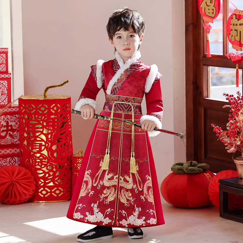 男童国风新款加厚汉服男宝冬季唐装儿童红色拜年服小少爷男孩古装