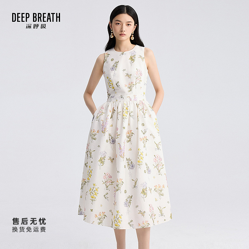 DEEP BREATH深呼吸女装休闲圆领无袖连衣裙背心印花伞裙A500333