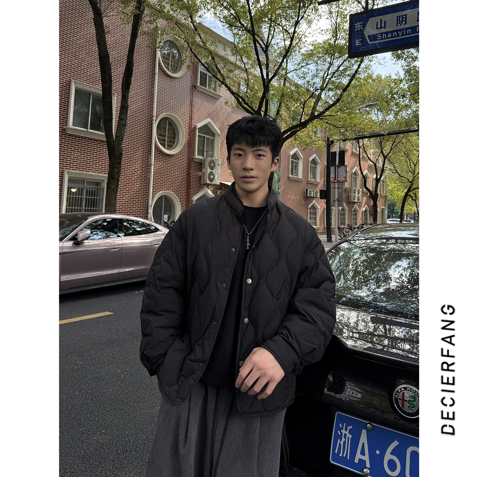 90白鸭绒冬季复古菱格立领羽绒服男士潮牌保暖防寒外套