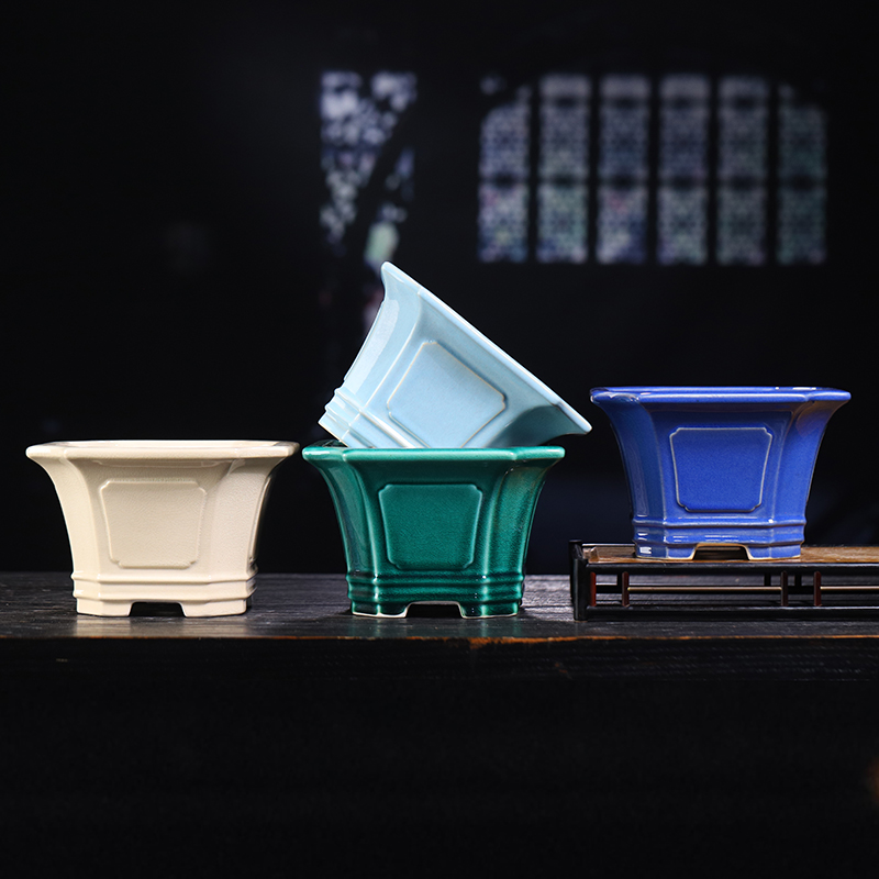 YZ14张治诚精品釉水紫砂花盆桌面创意装饰复古六方海棠植物盆景