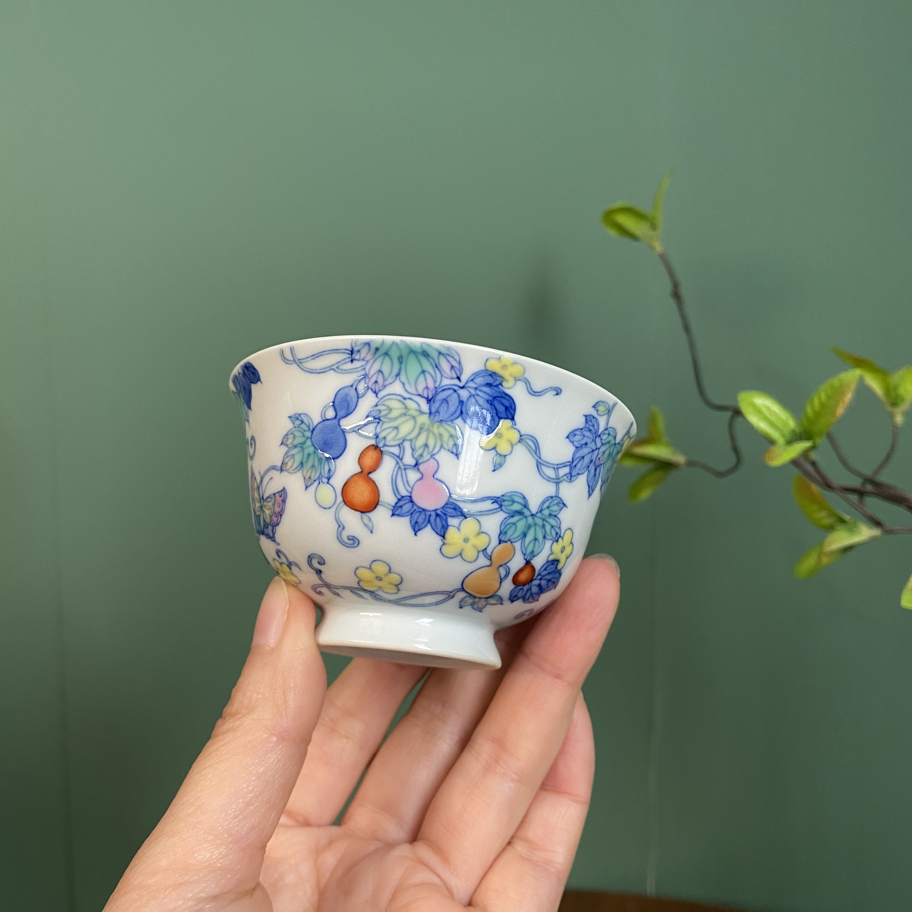 当代 【鸿钧堂】青花斗彩葫芦主人杯 景德镇手工手绘