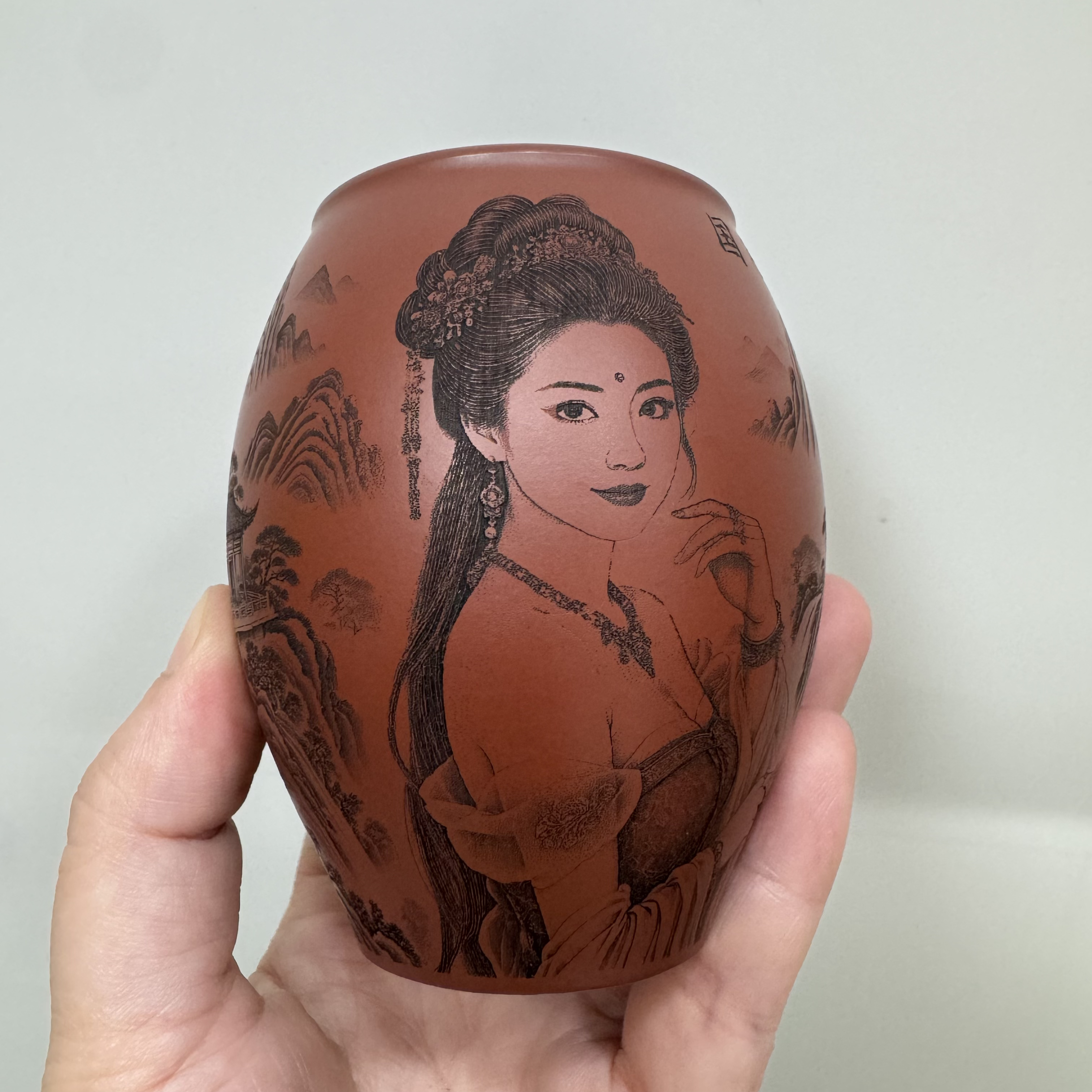 宜兴原矿紫砂精品大红袍刻绘美人图品茗泥料主人150cc茶具茶杯