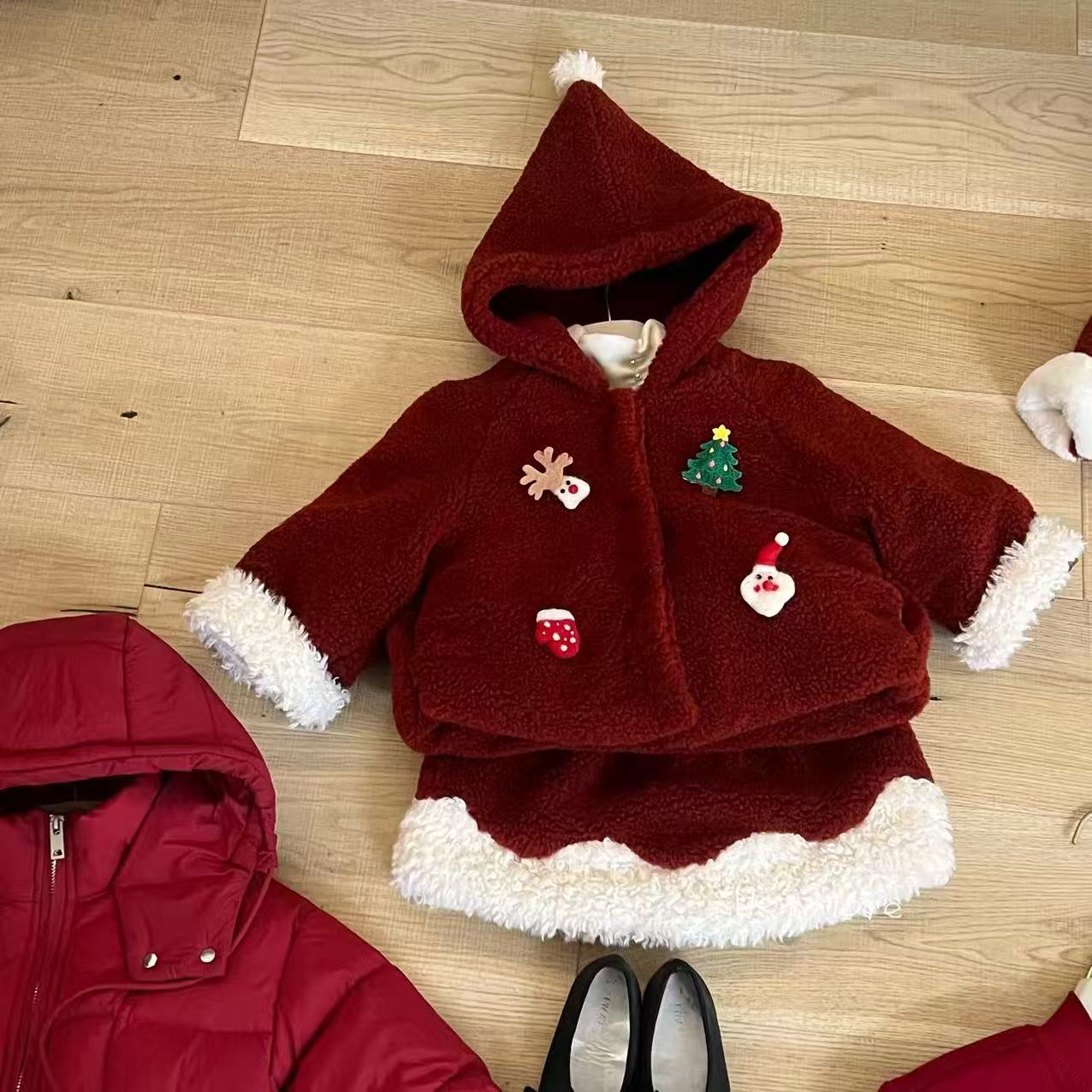One朵-秋冬加绒连帽红色套装