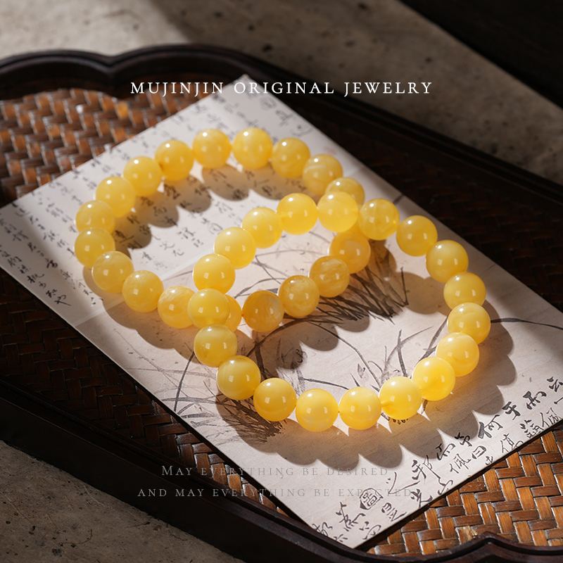 【木槿槿】天然白花蜡蜜蜡手串男女款约10m手链QS2778多样性发一