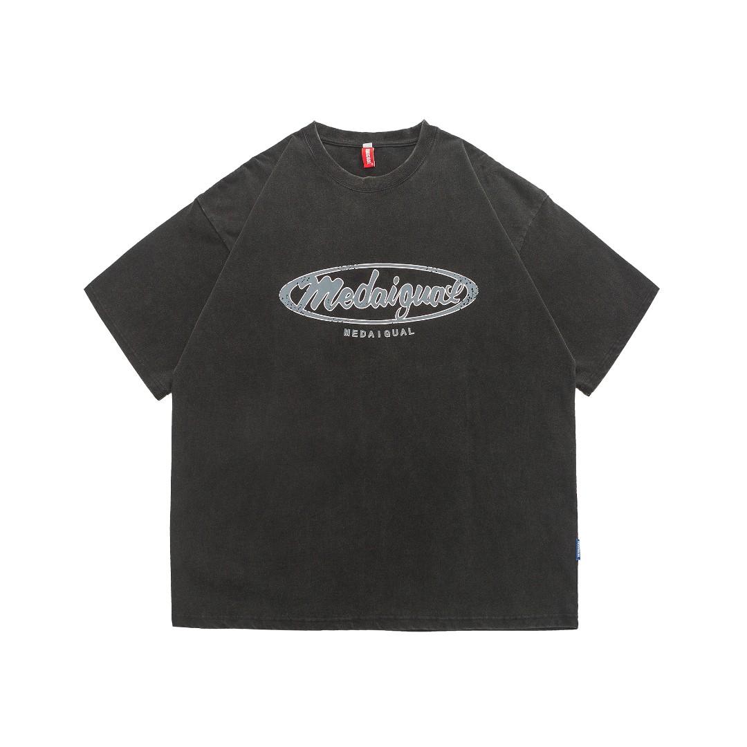 重水洗做旧复古美式印花宽松黑色短袖男女情侣街头嘻哈街舞T恤tee