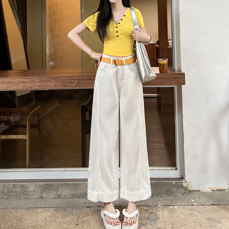 2025年秋季新款白色小个子九分直筒牛仔裤女高腰宽松垂感阔腿裤