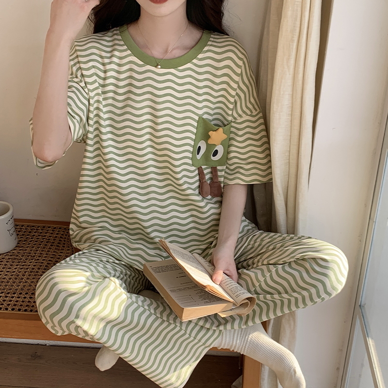 纯棉睡衣女夏季薄款短袖长裤可外穿公主风可爱学生夏天家居服套装