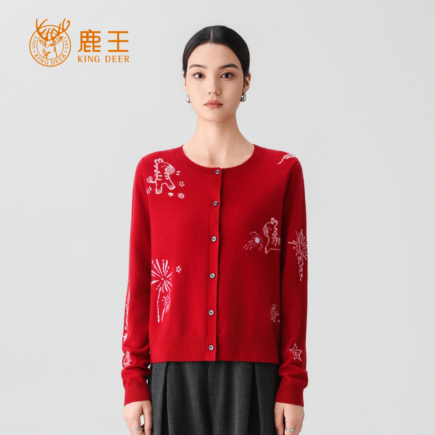 【联名款】鹿王25秋冬女圆领100山羊绒提花休闲针织开衫 KD068