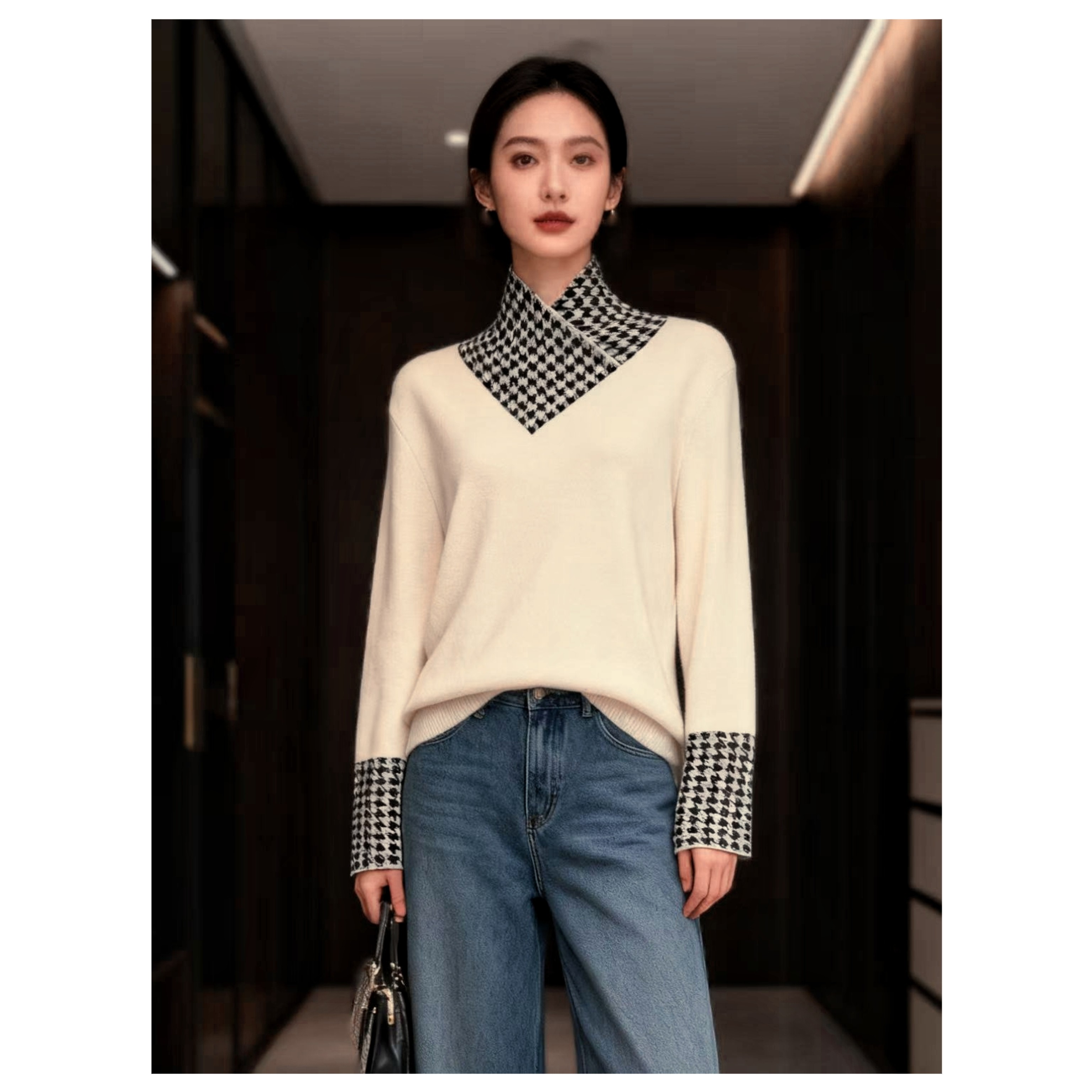 可机洗~胸98-160长65高级老钱千鸟格设计精致优雅针织上衣 4299