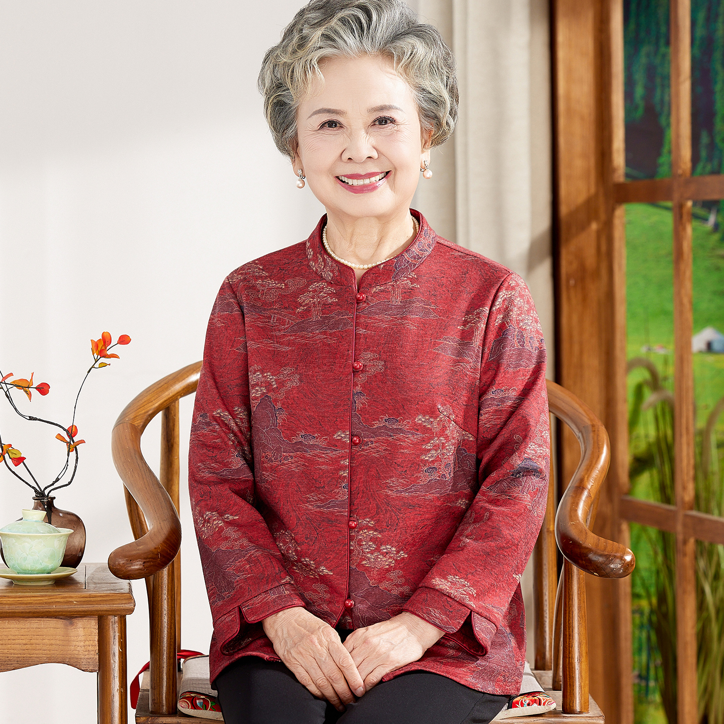 中老年人春秋季女装薄款外套老人太太上衣服妈妈衬衫婆婆喜庆奶奶