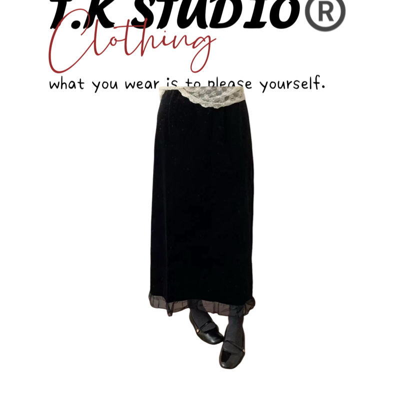 T.K<丝绒木耳边>韩系复古高腰显瘦金丝绒直筒半身裙秋冬必备！