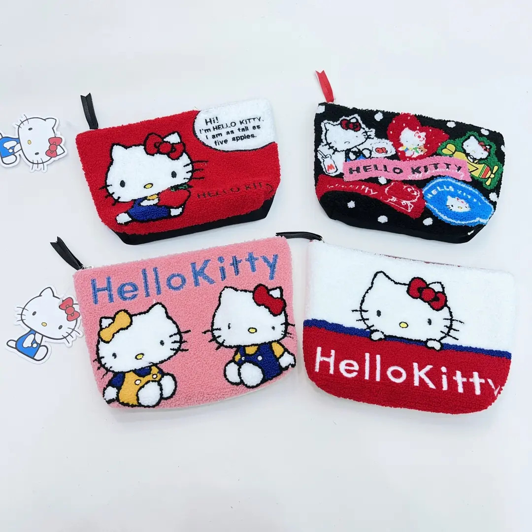 日系卡通kitty毛绒刺绣化妆包可爱彩色大容量纸巾收纳包文具笔袋