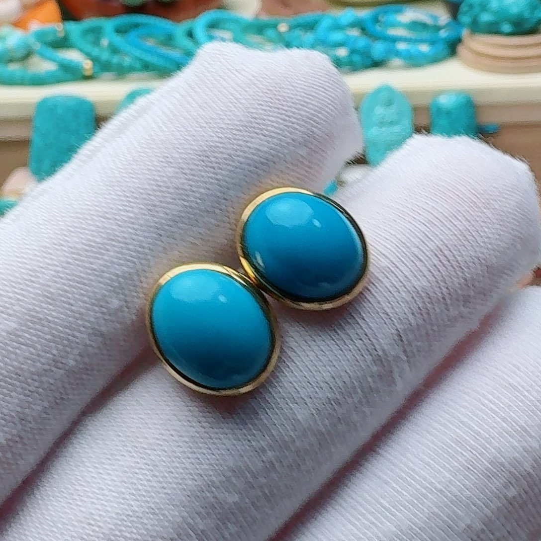 绿松石18K金镶嵌高瓷玉化蓝简约款耳钉