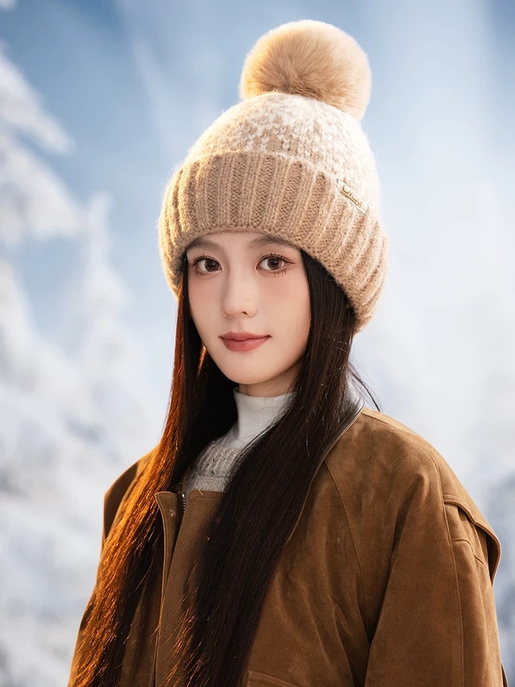 费尔岛风毛球帽女秋冬季加绒加厚护耳圣诞保暖防风帽子新年针织帽