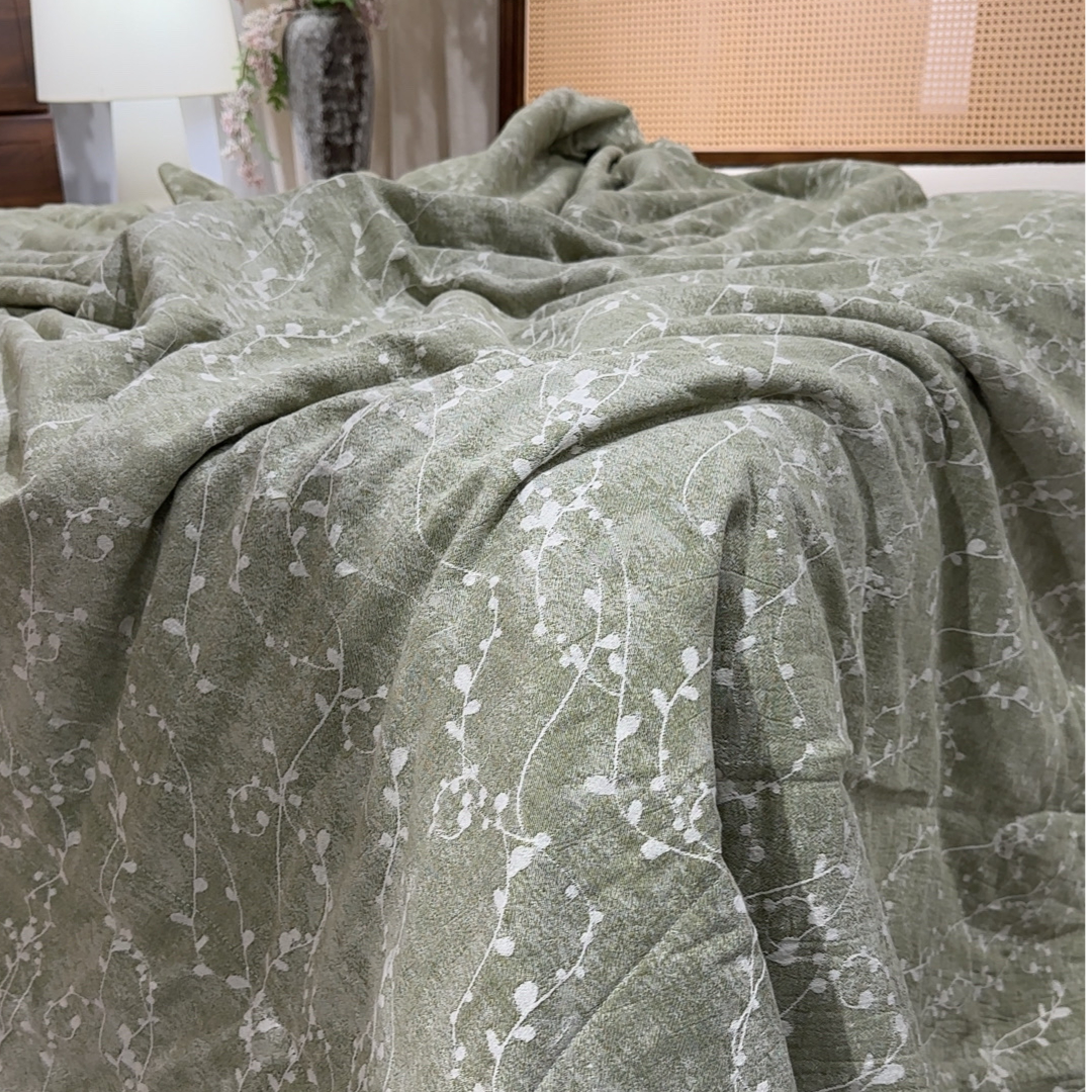 【超级红】雪柳花-绿 棉麻夏被