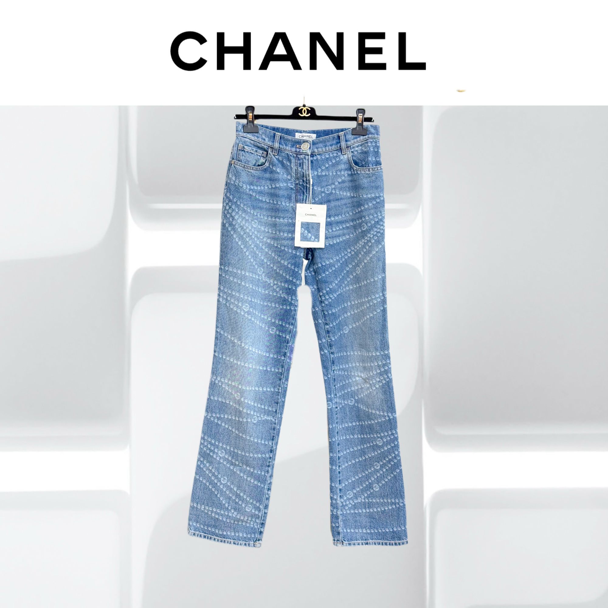 99新 Chanel/香奈儿 38码 25P蓝色串珠图案 牛仔 长裤