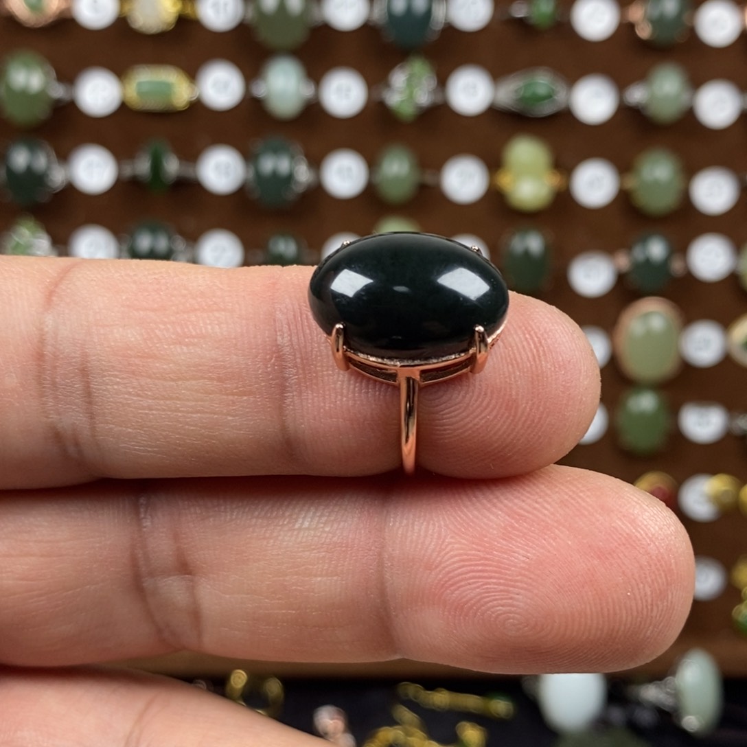 和田玉（青玉）戒指银S925镀金镶嵌