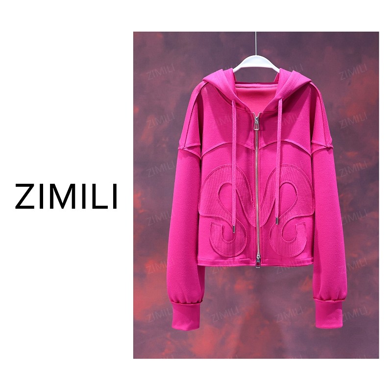 【亮哥欧货女装】2025冬季加厚玫红色拼接连帽卫衣外套2747 -C9