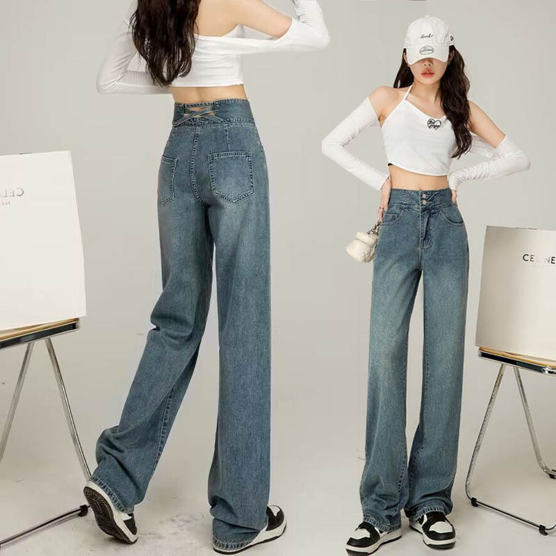 高腰直筒牛仔裤女新款设计感宽松垂感显瘦大码春秋阔腿长裤子