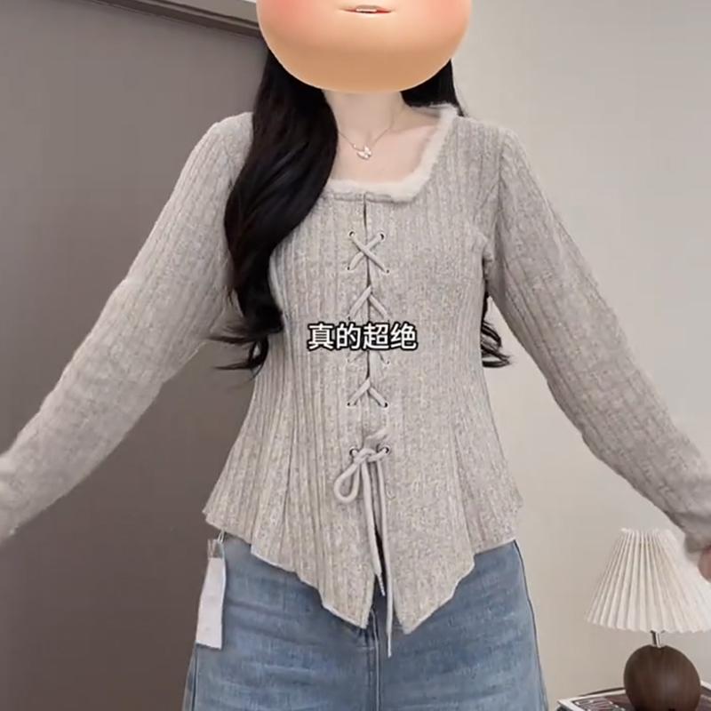 法式方领加绒内搭针织衫女冬季新款大码胖mm纯欲风辣妹上衣打底衫