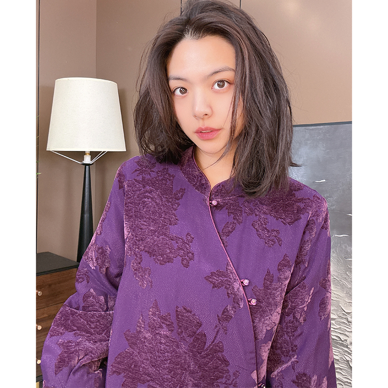 【美美新中式】【夹棉】轻奢复古洋气斜襟植绒提花时尚小衫上衣女6861