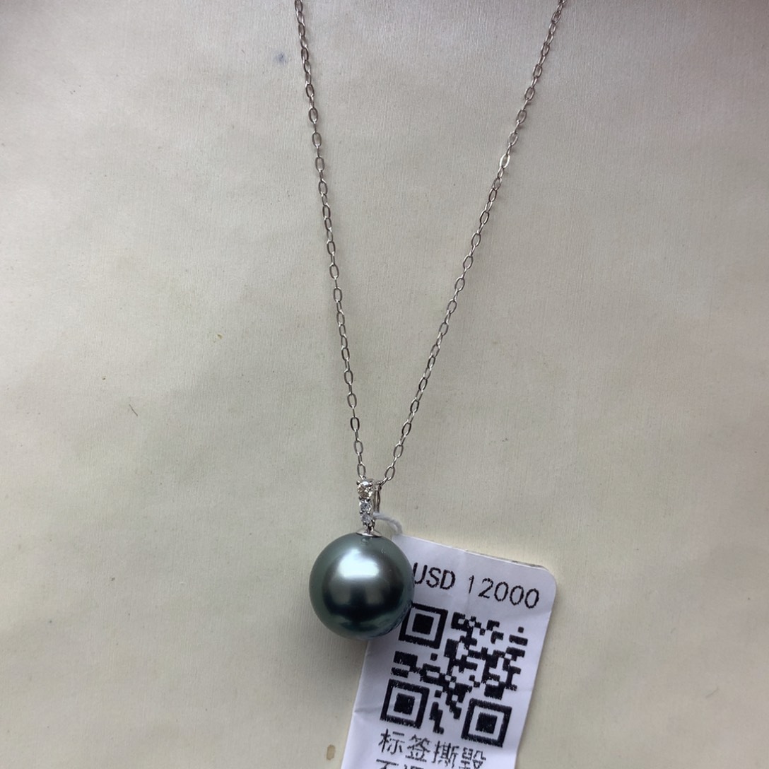 海水珍珠颈饰18K金镶嵌11-12大溪地三眼吊坠