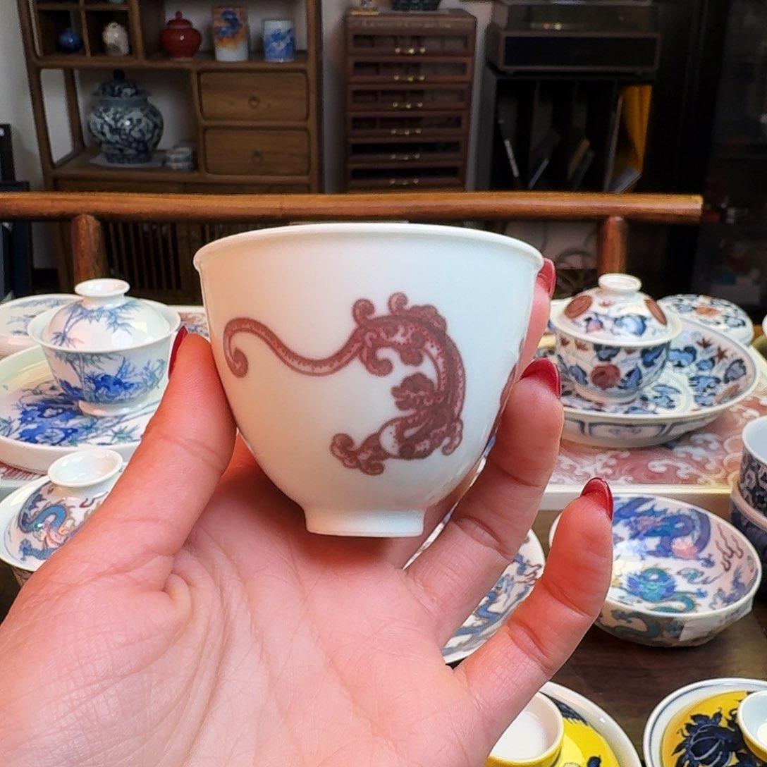 杯柴窑烧制点工釉里红三龙