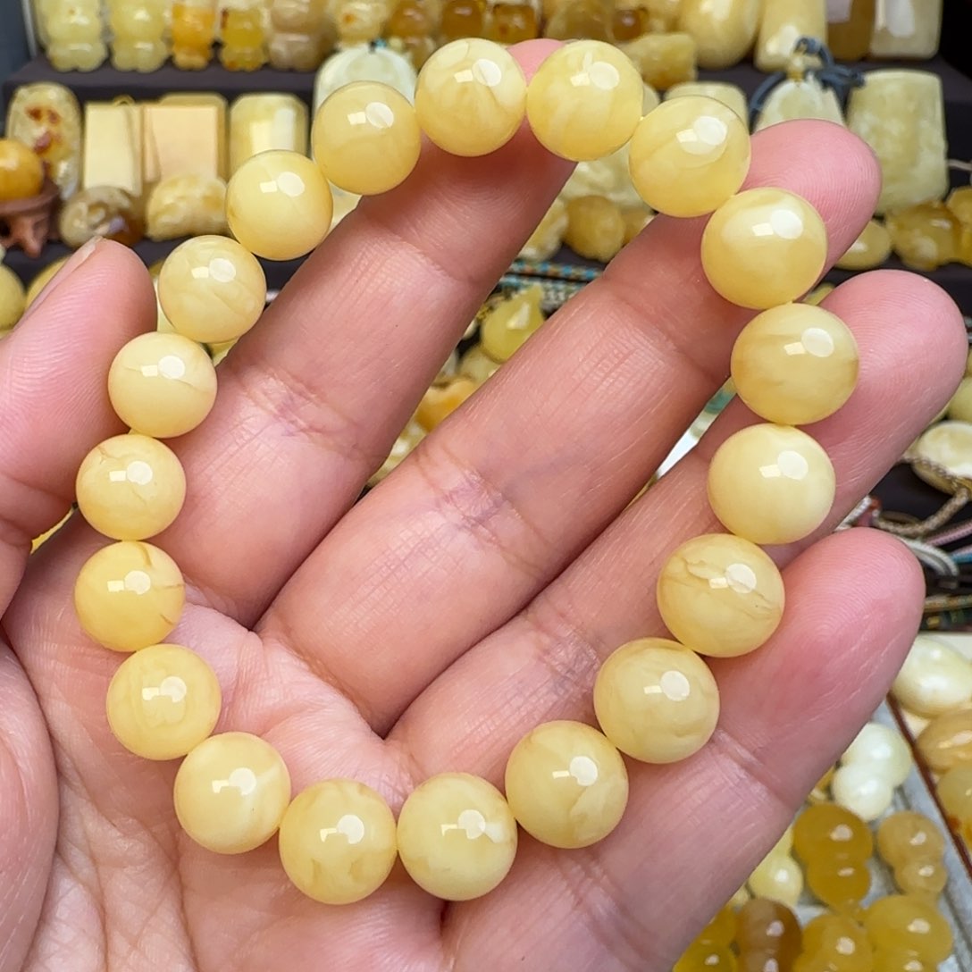 蜜蜡手串未镶嵌天然俄料妖花蜜蜡圆珠手串